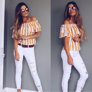 Flying Tomato Off the Shoulder Striped Ruffle Top